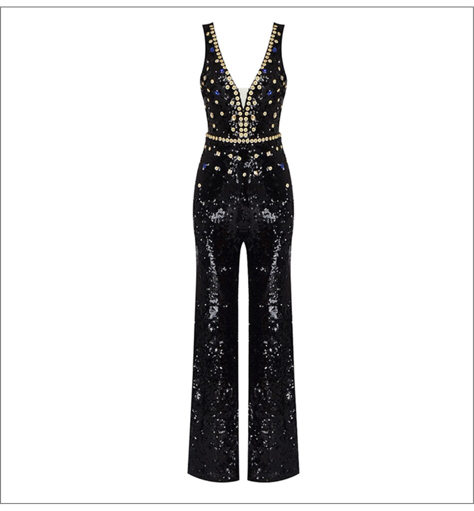 Deep V-Neck Rhinestone Sequin Wide-Leg Jumpsuit