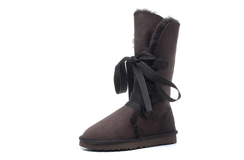 Genuine Leather Real Shearling Fur Long Lace High Boots