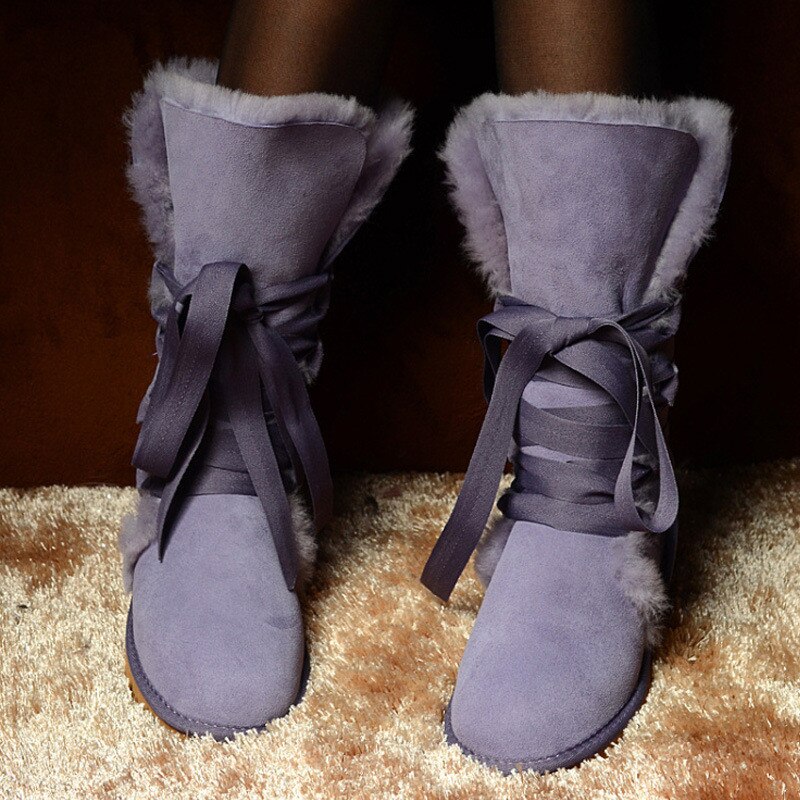 Genuine Leather Real Shearling Fur Long Lace High Boots
