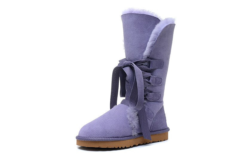 Genuine Leather Real Shearling Fur Long Lace High Boots