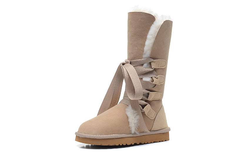 Genuine Leather Real Shearling Fur Long Lace High Boots