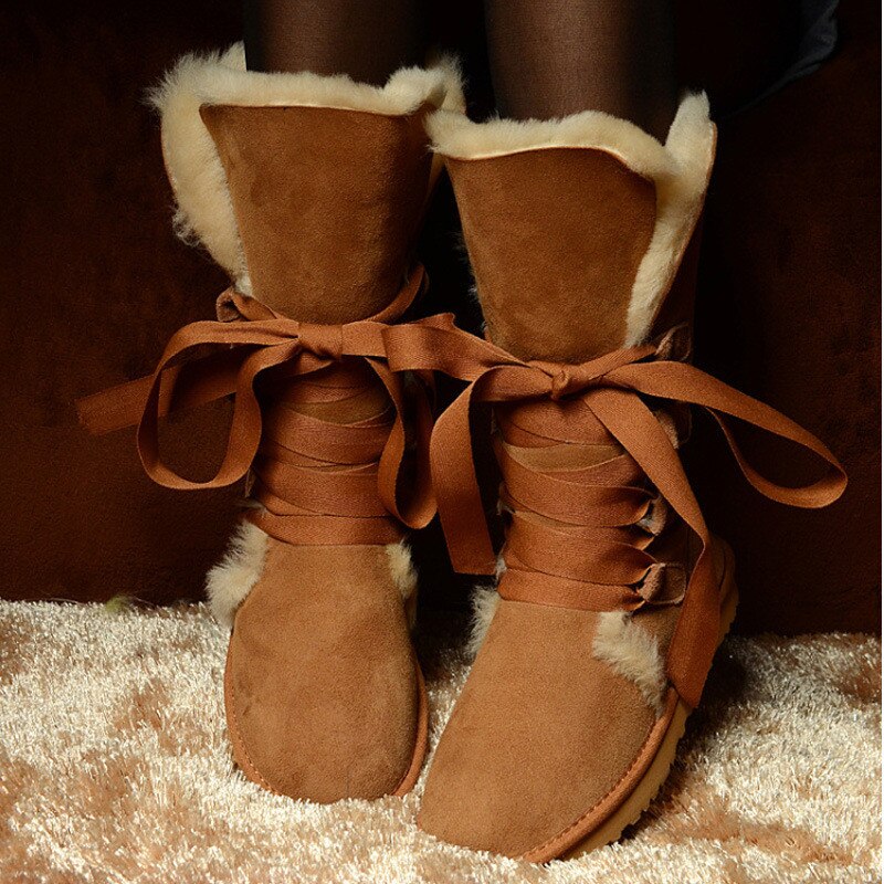 Genuine Leather Real Shearling Fur Long Lace High Boots