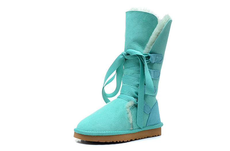 Genuine Leather Real Shearling Fur Long Lace High Boots