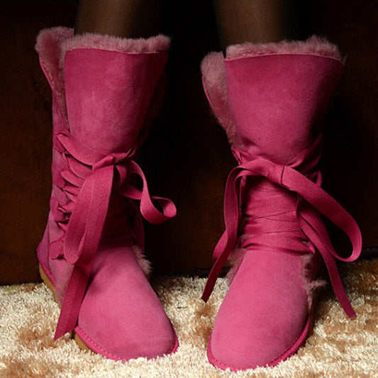 Genuine Leather Real Shearling Fur Long Lace High Boots