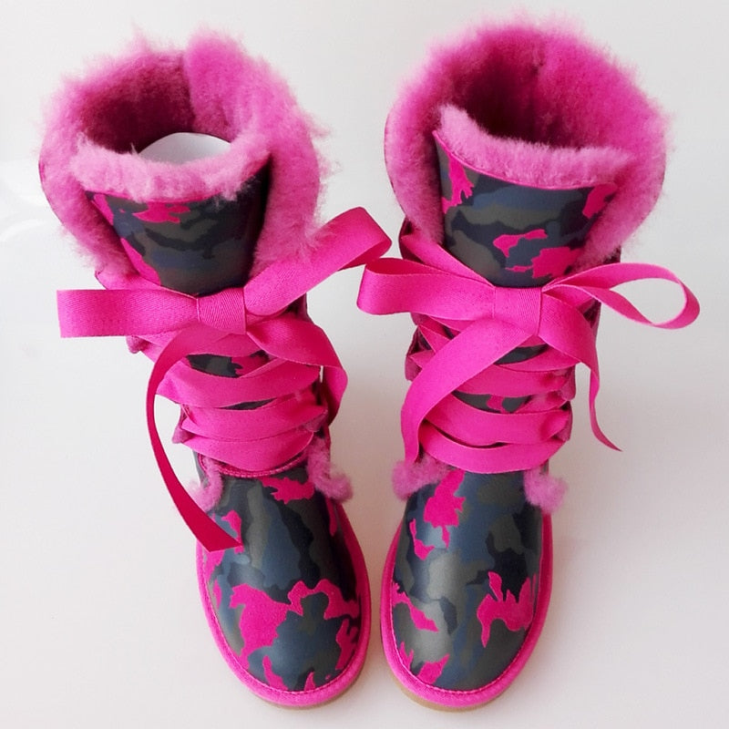 Leopard/Camo Print Genuine Leather Natural Wool Fur Lace Up Boots
