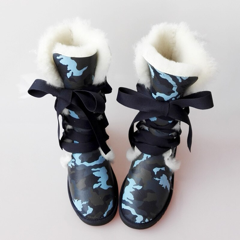 Leopard/Camo Print Genuine Leather Natural Wool Fur Lace Up Boots