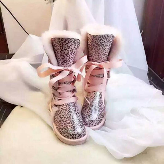 Leopard/Camo Print Genuine Leather Natural Wool Fur Lace Up Boots