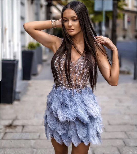 Feathers Sequin Sleeveless Mini Dresses