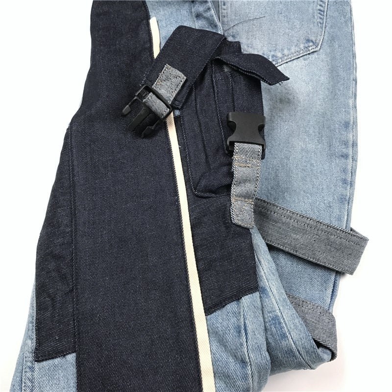 Mismatch Patchwork Distressed Cargo Straps Jeans
