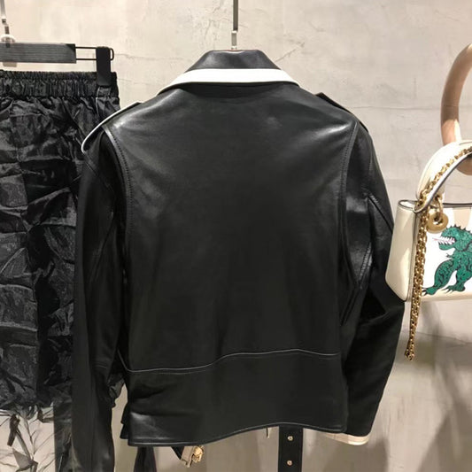 Black Genuine Leather White Trim Moto Jacket