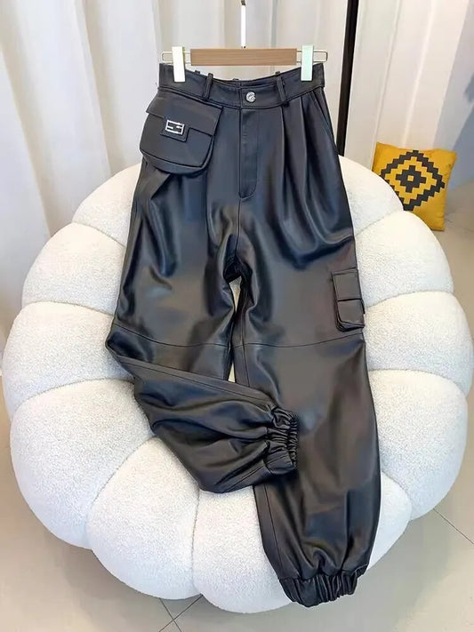 Genuine Leather Cargo Pants
