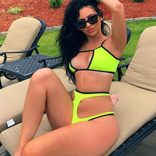 Cut Out Padded Push Up High Waist Hollow Bikinis Sets