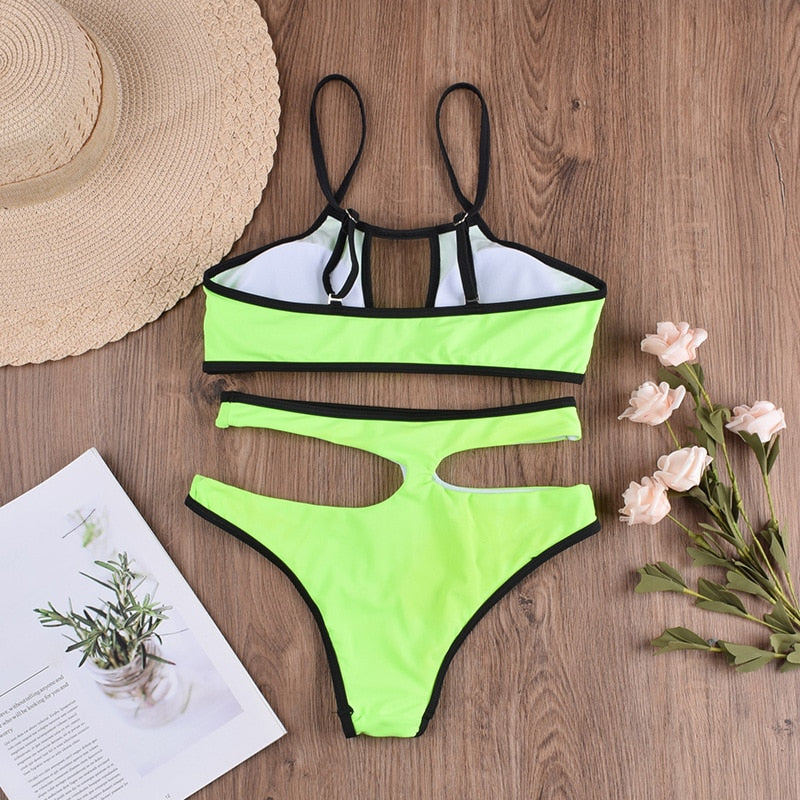 Cut Out Padded Push Up High Waist Hollow Bikinis Sets