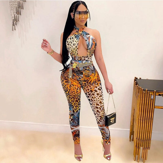 Leopard Print Halter Hollow Chest Jumpsuit