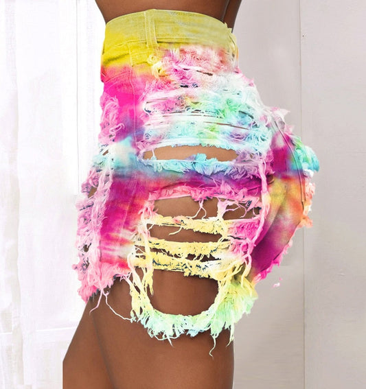 Ripped Tie Dye Denim Shorts