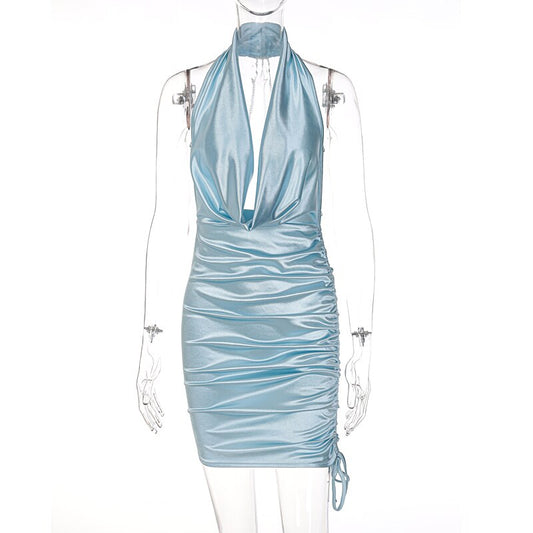 Satin Swing Collar Backless Chain Mini Dress