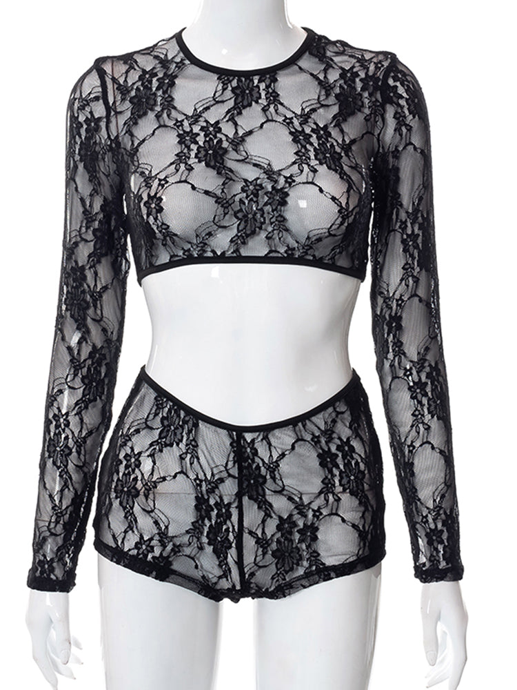 Mesh Lace Sleeved Crop Top & Shorts Set
