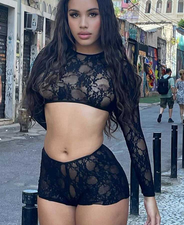 Mesh Lace Sleeved Crop Top & Shorts Set