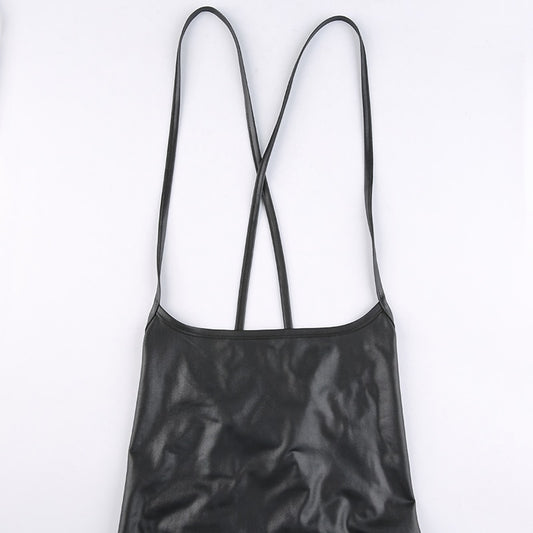 Pu Leather Bandage Backless Split Midi Dresses