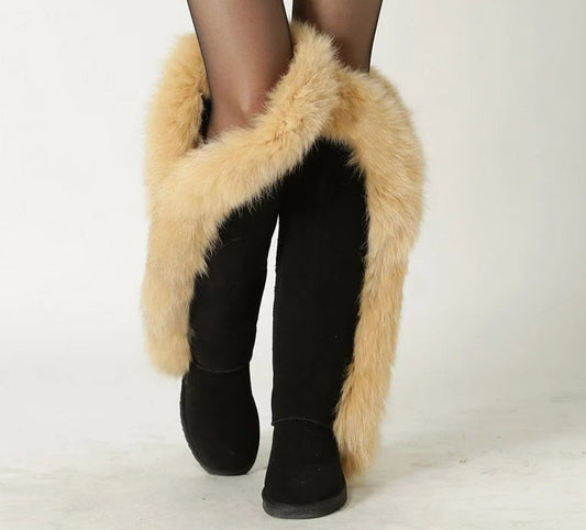 Genuine Leather Natural Side Fur Long Boots