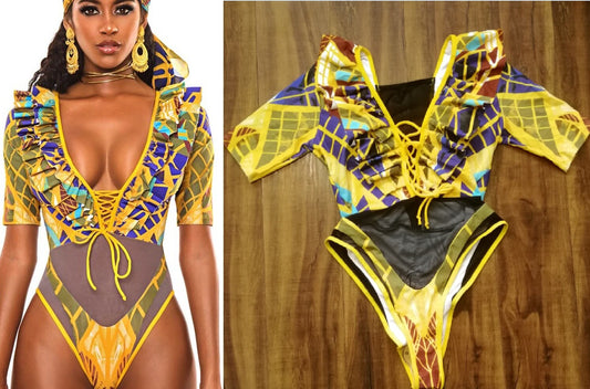 Tribal Print Deep V Ruffle One Pieces