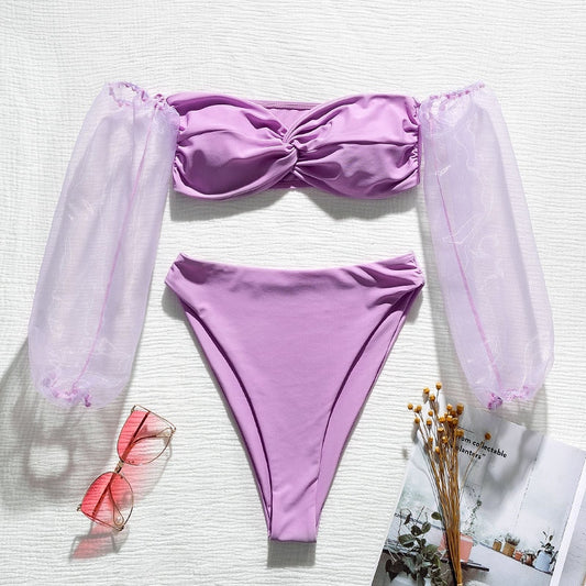 Mesh Long Puff Sleeve High Waist Bikini Sets
