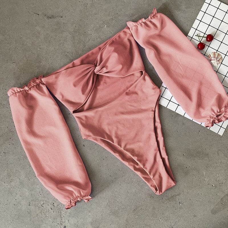 Mesh Long Puff Sleeve High Waist Bikini Sets