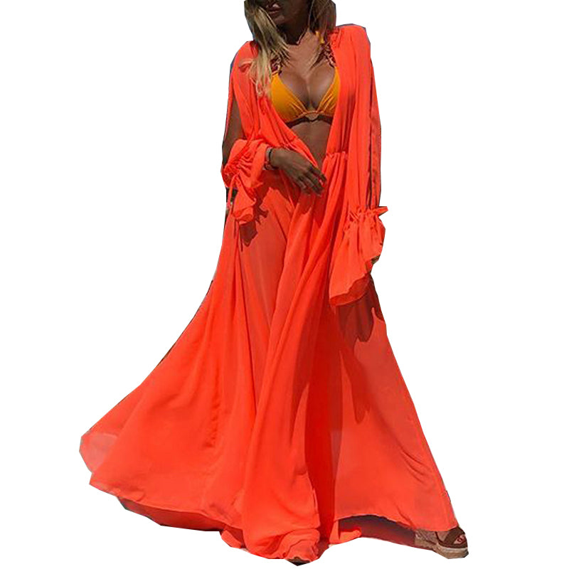 Orange Long Beach Kimono Long sleeve Cover Ups Dress