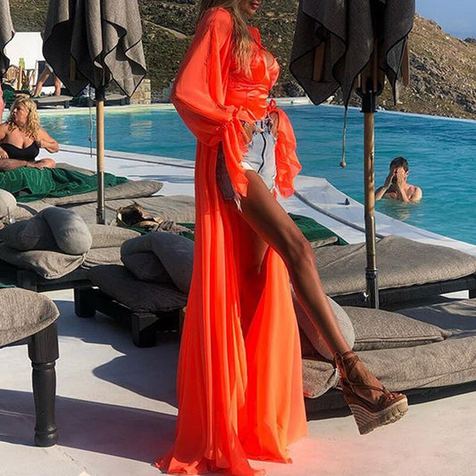Orange Long Beach Kimono Long sleeve Cover Ups Dress