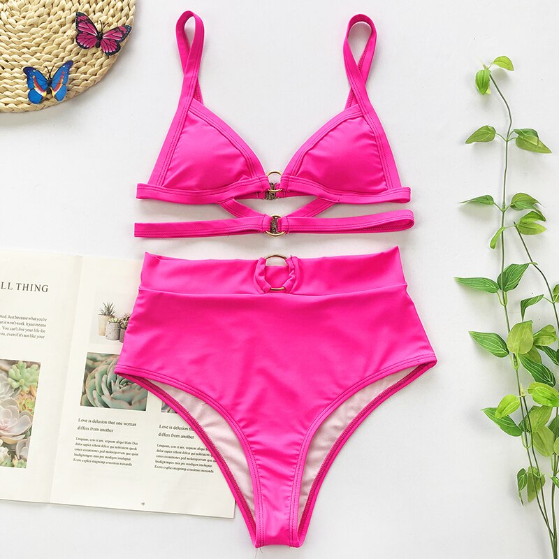 Pink High Waist Ring Bandage Bikini Set