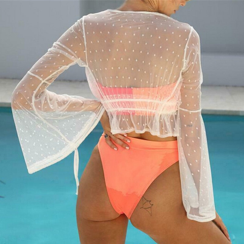 Polka dot Transparent Mesh Long Sleeve Blouse Cover Up