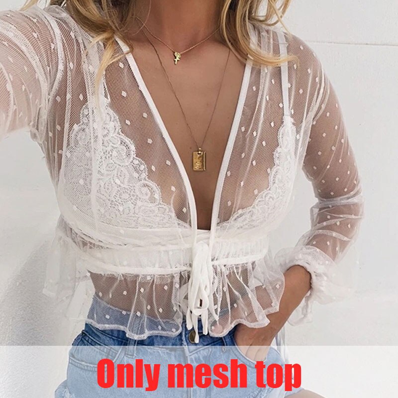Polka dot Transparent Mesh Long Sleeve Blouse Cover Up