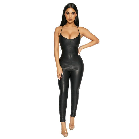 Pu Leather Sleeveless Backless Jumpsuits