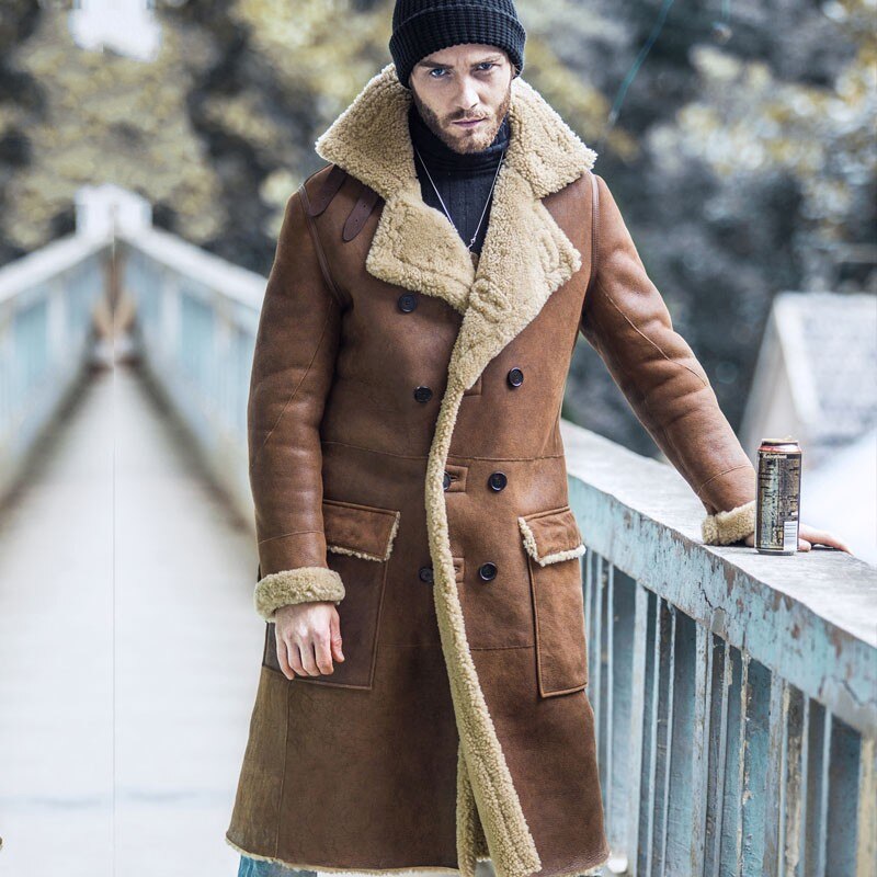Genuine Leather Natural Sherling Fur Lining Overcoats
