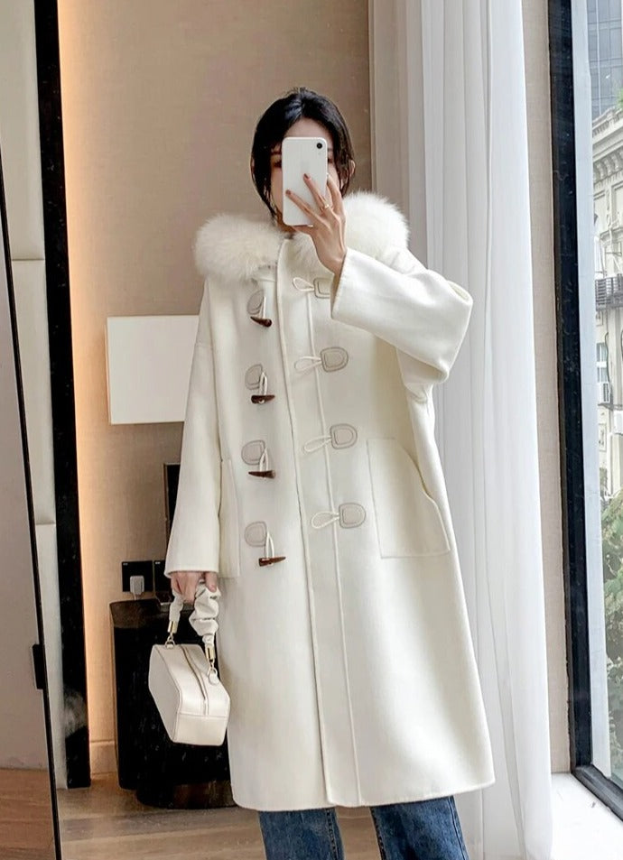 Cashmere Horn Button Hooded Real Fox Fur Coats