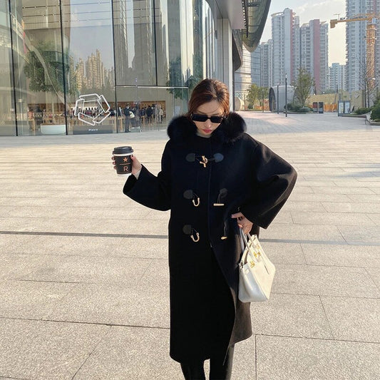 Cashmere Horn Button Hooded Real Fox Fur Coats