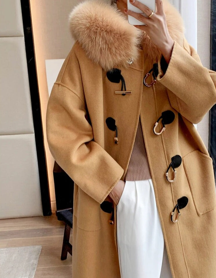 Cashmere Horn Button Hooded Real Fox Fur Coats