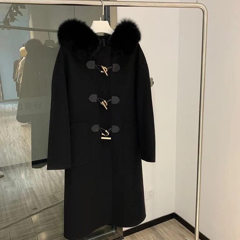 Cashmere Horn Button Hooded Real Fox Fur Coats