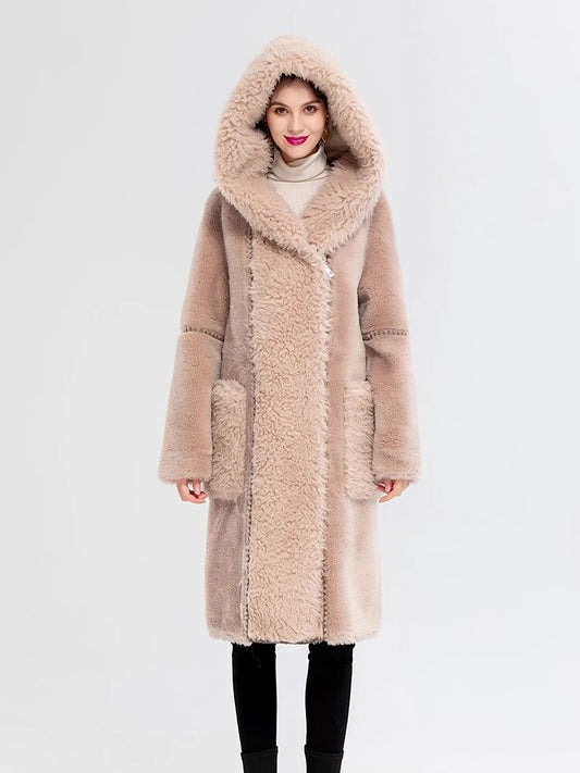 Hooded Long Natural Wool Fur Coats