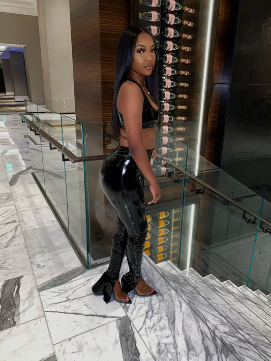 Black Pu Leather Tank Crop Top and Pants Set