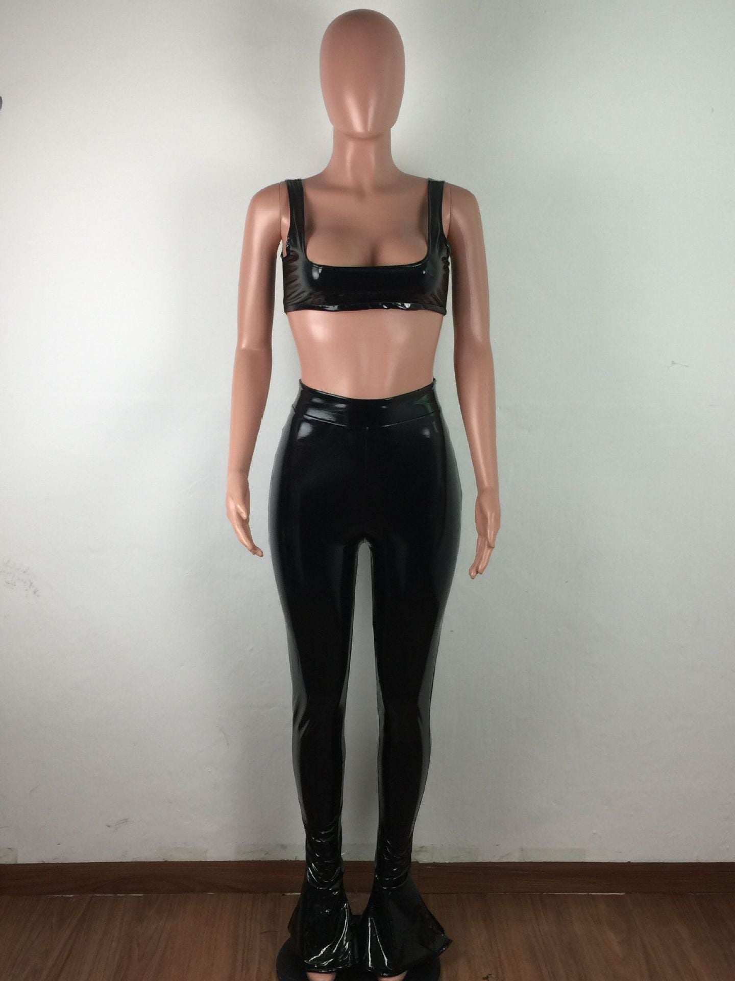 Black Pu Leather Tank Crop Top and Pants Set
