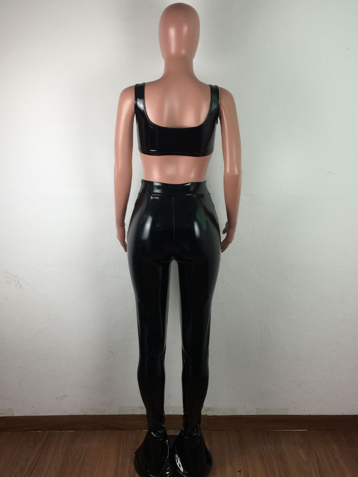 Black Pu Leather Tank Crop Top and Pants Set