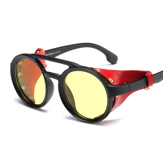 Vintage Round Leather Side Shield Sunglasses