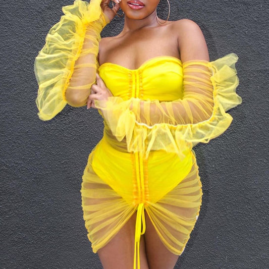Yellow Off the Shoulder Frill Long Sleeve Mesh Mini Dress