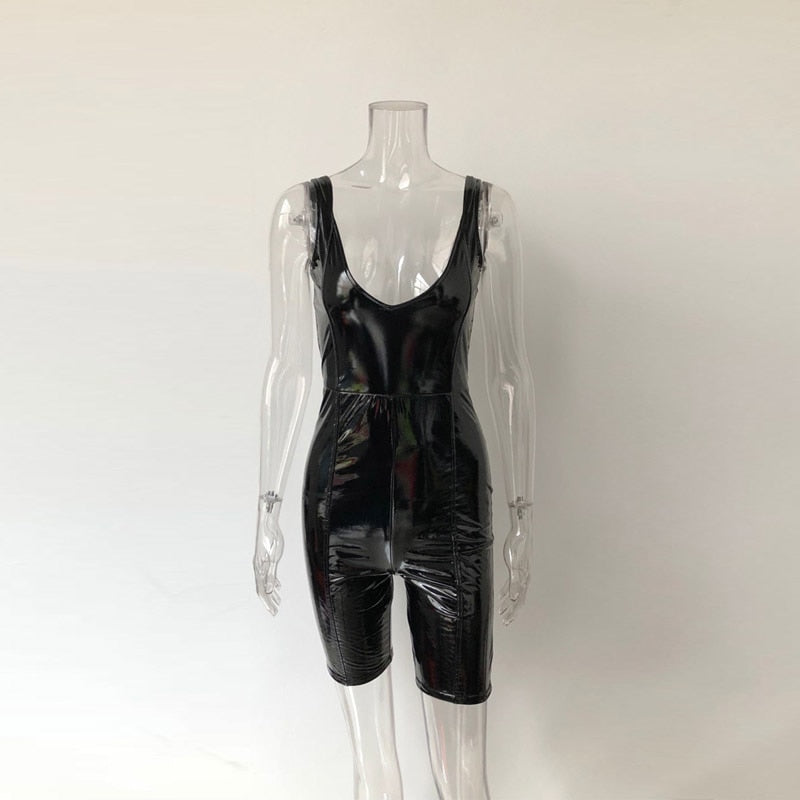 PU Leather V Neck Short Rompers