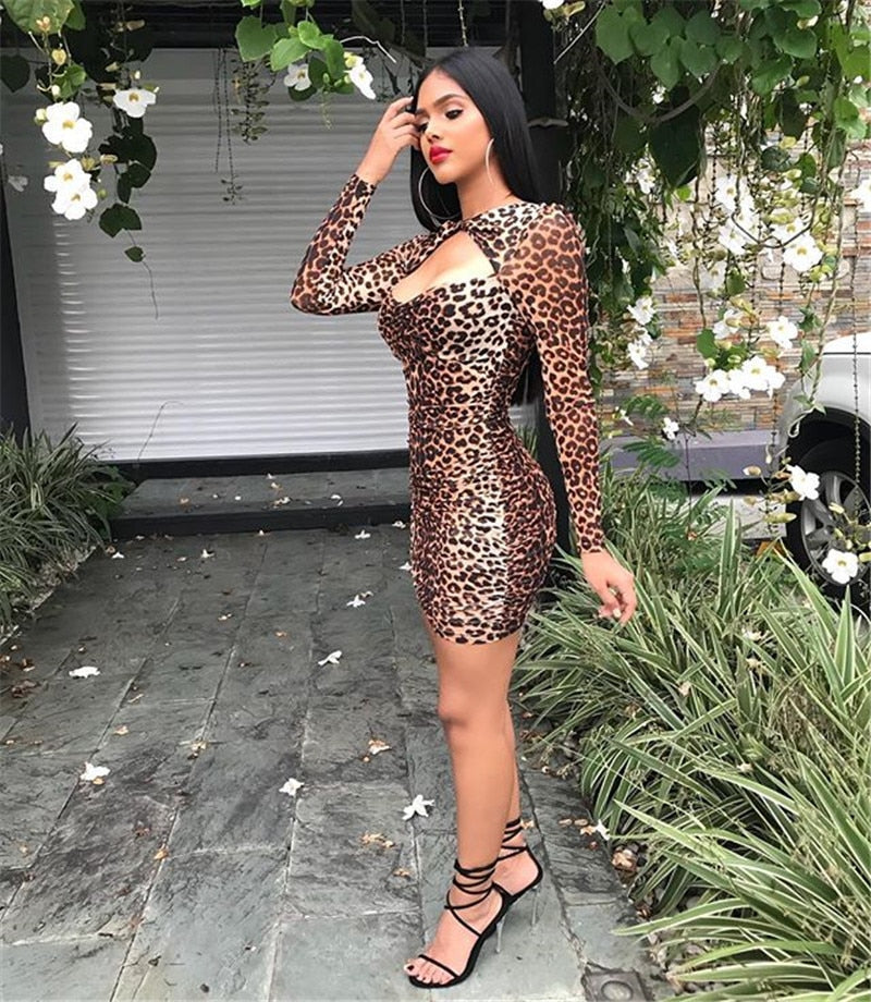 Leopard Print Hollow Bodycon Dress
