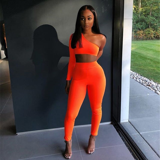 Neon Green/Orange One Shoulder One Sleeve Jumpsuits
