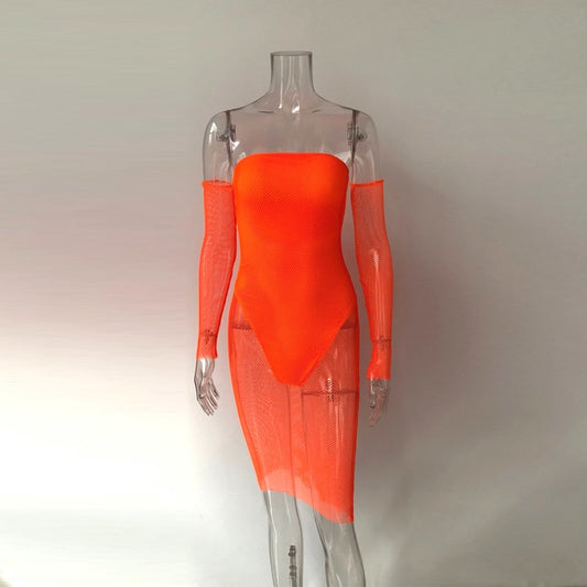 Off Shoulder Knee Length Mesh Dresses