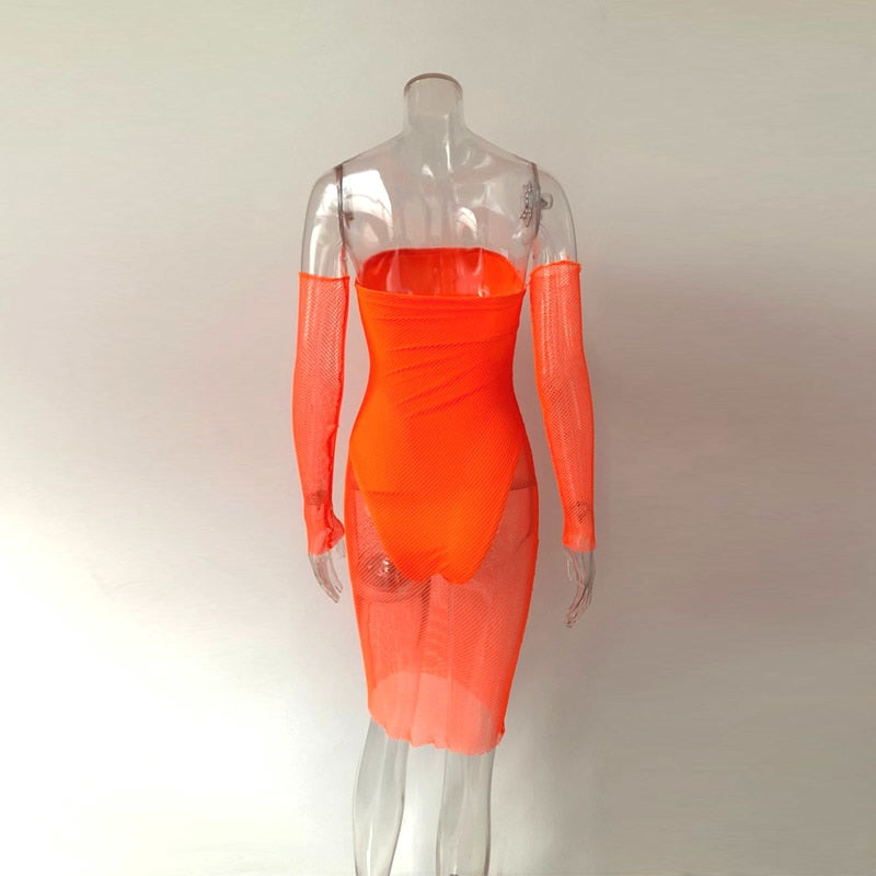 Off Shoulder Knee Length Mesh Dresses