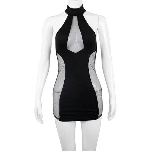 Halter Mesh Hollow Sides Mini Dress